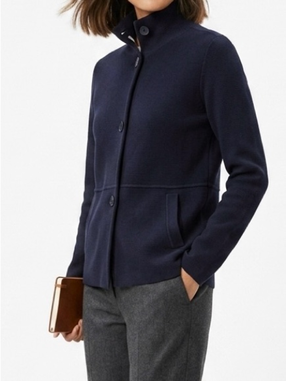 Talbots Navy Blue Mockneck Sweater Jacket M Petite Knit Cardigan Coat Blazer